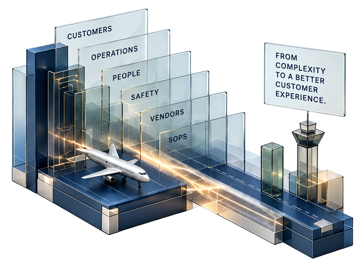 Customers, operations, people, safety, vendors and SOPs connect around the airline experience.